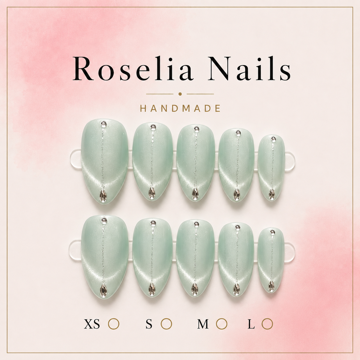 Aquamarine press-on nails, mint cat-eye with silver line and crystal, long almond