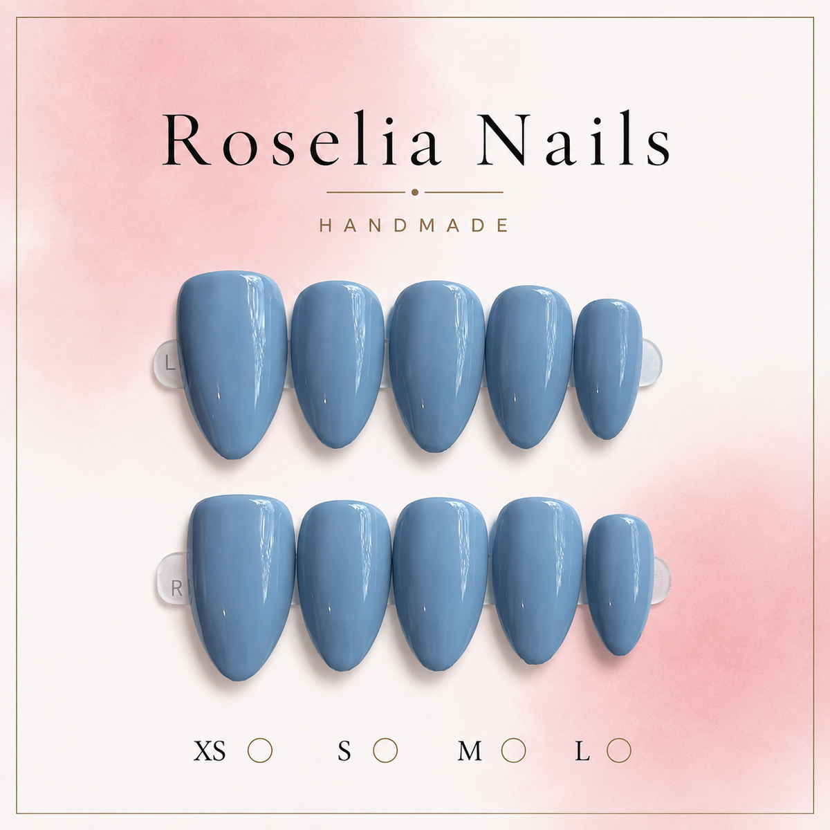 Bluebell press-on nails, soft slate blue in a long almond shape