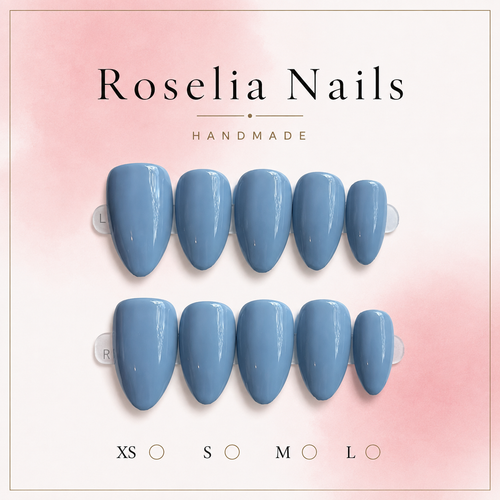 Bluebell press-on nails, soft slate blue in a long almond shape