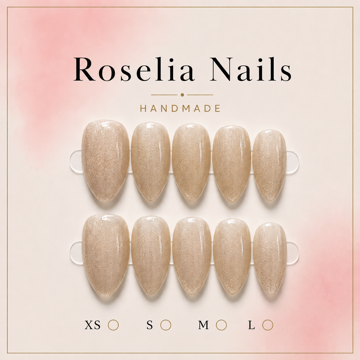 Champagne press-on nails, warm nude with gold glitter, long almond