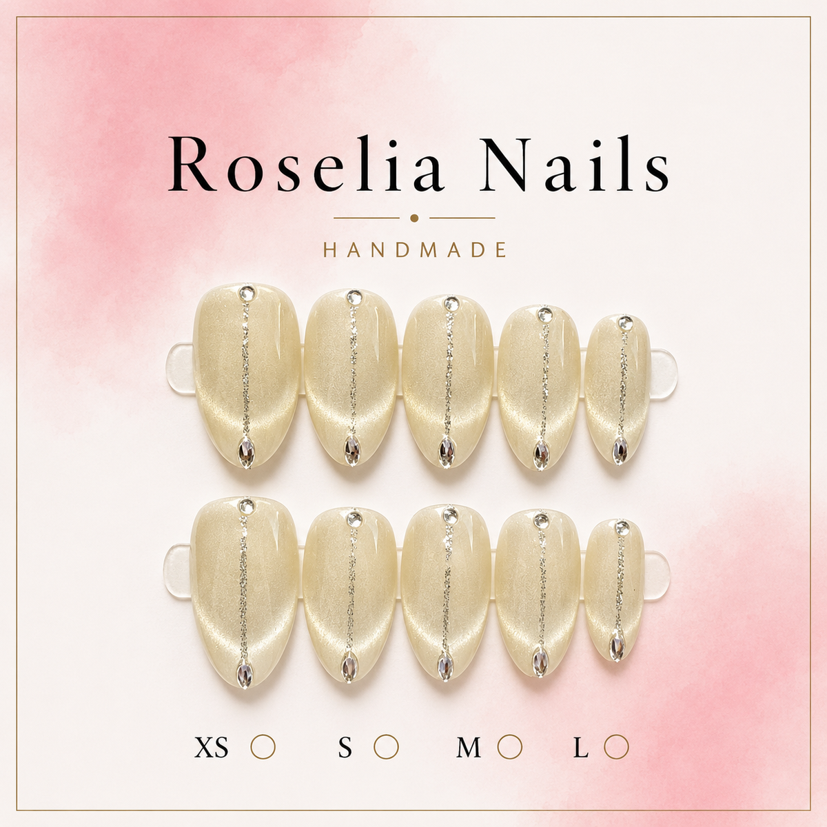 Chandelier press-on nails, ivory cat-eye with silver line and crystal, long almond