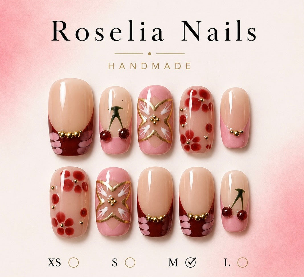 Roselia Cherry Gold press on nail set, burgundy French nails with gold beads and cherries