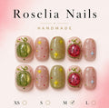 Roselia Melon Star press on nail set, pink nails with sculpted melons and gold stars