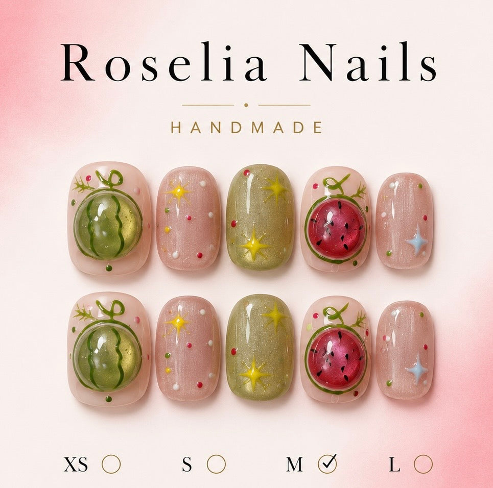 Roselia Melon Star press on nail set, pink nails with sculpted melons and gold stars
