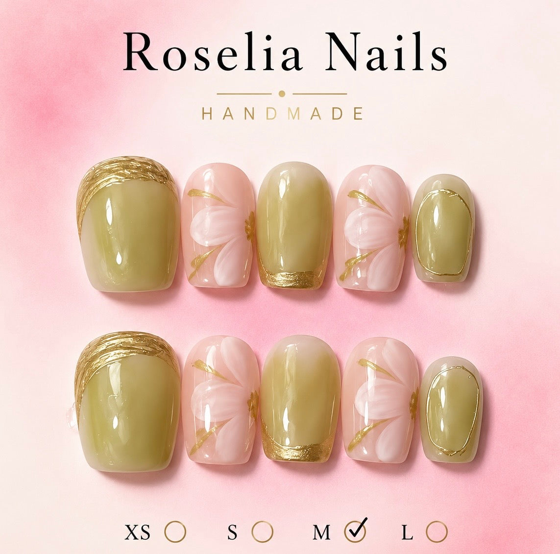Roselia Olive Gold press on nail set, olive green nails with gold foil edges and a painted daisy