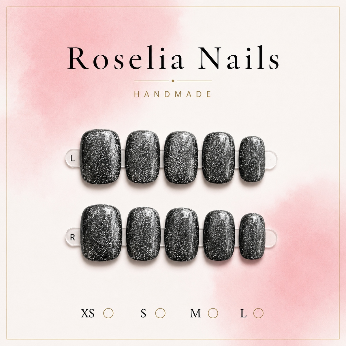 Onyx press-on nails, black with fine silver glitter, short square