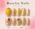 Roselia Pineapple Punch press on nail set, gold glitter nails with a sculpted pineapple and strawberries