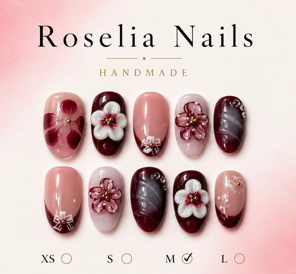 Roselia Plum Blossom press on nail set, wine almond nails with sculpted blossoms and crystals
