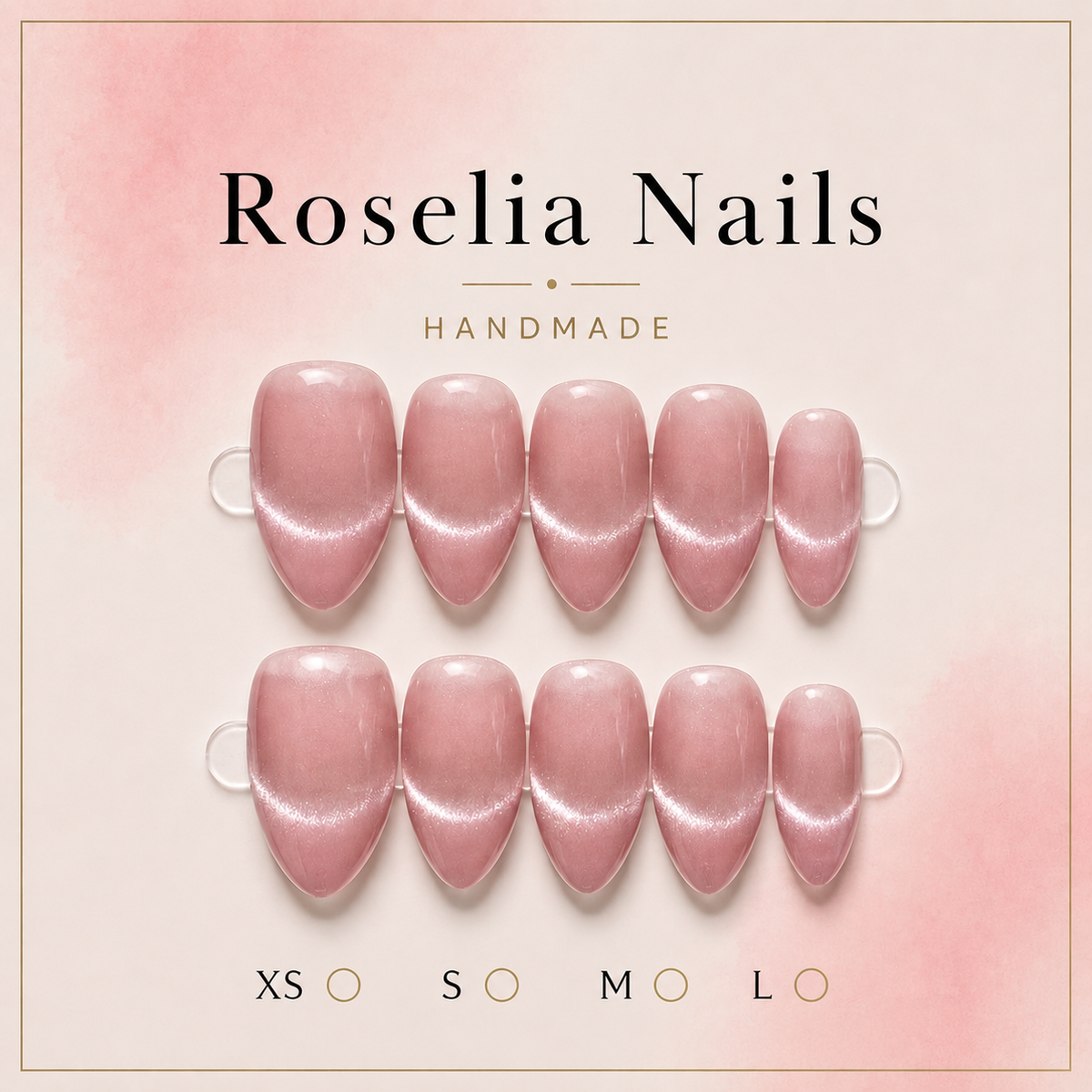 Rosewater press-on nails, rose pink pearl cat-eye, long almond
