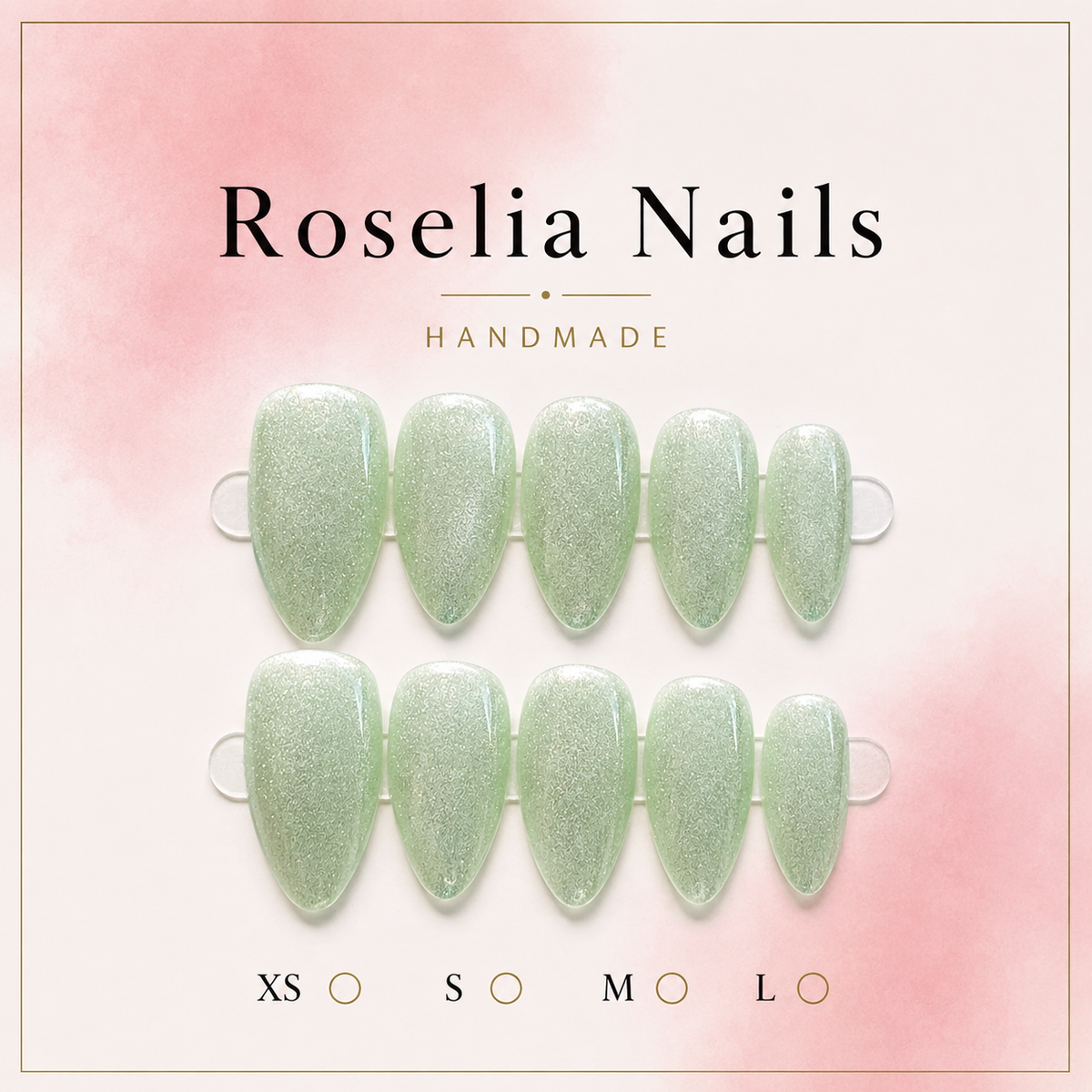Sage press-on nails, pale green with silver shimmer, long almond