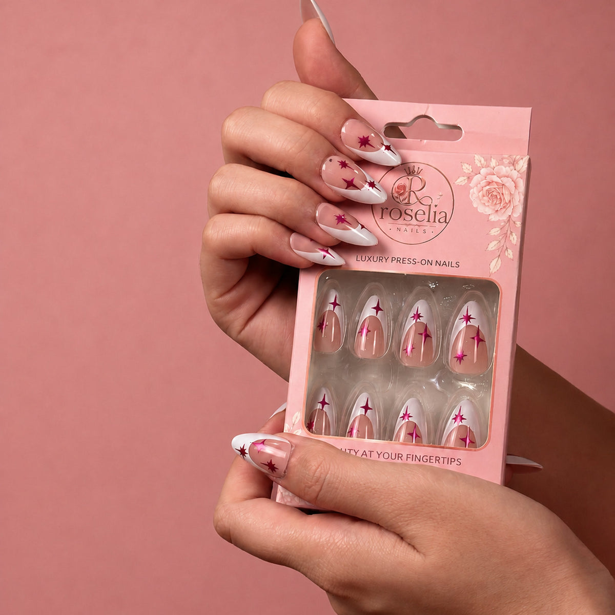 Starlet press-on nails held in their Roselia Nails box