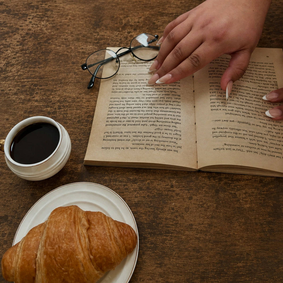 White Tip press-on nails on an open book beside a coffee and a croissant