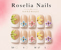 Roselia Wildflower press on nail set, white French nails with five sculpted flowers and gold beads